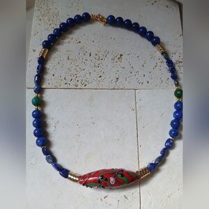 Blue and Red Beaded Necklace